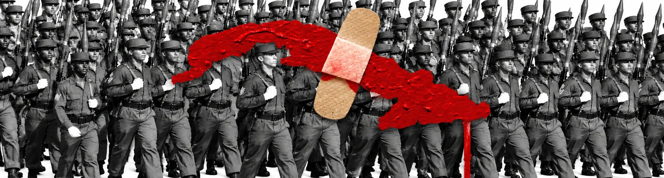 Ilustración: filas de reclutas cubanos marchando, en blanco y negro; sobre ellos el mapa de Cuba en rojo, sangrando, tapado con una curita.